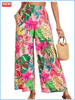 Plus Size Floral High Waist Palazzo Pants Boho Wide Leg Trousers